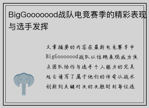 BigGooooood战队电竞赛季的精彩表现与选手发挥